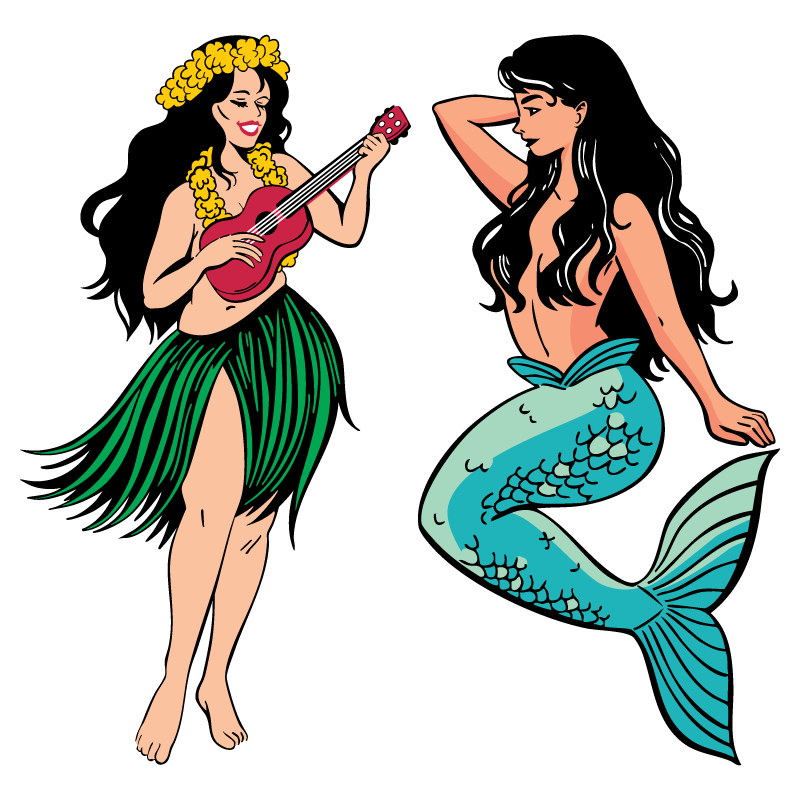 Hula Girl & Mermaid Clear Sticker - 10 Pack