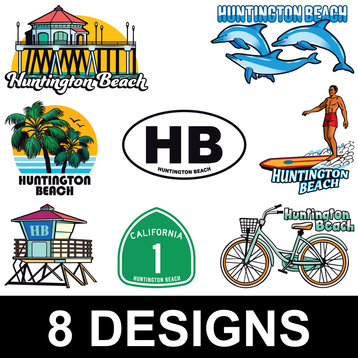 Huntington Beach sticker assortment - 8 designs