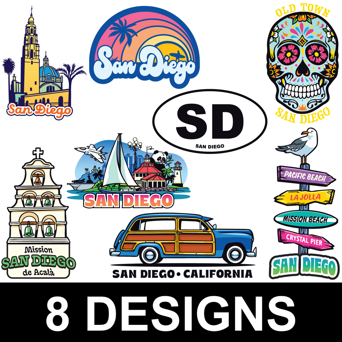San Diego sticker assortment - 8 designs